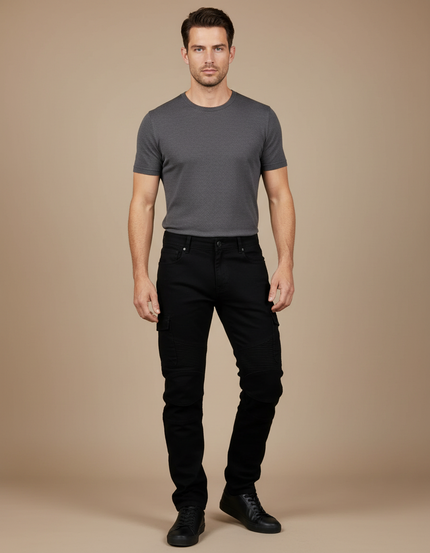 Pantalon Cargo Noir Homme Slim Motard Plissé - Jean
