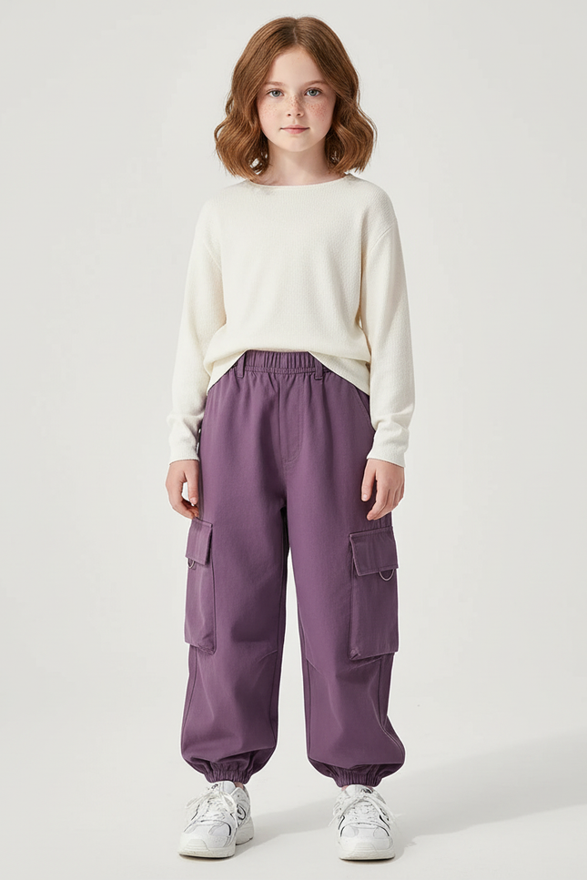 Pantalon Cargo Violet Ample Élastique Fille Coton