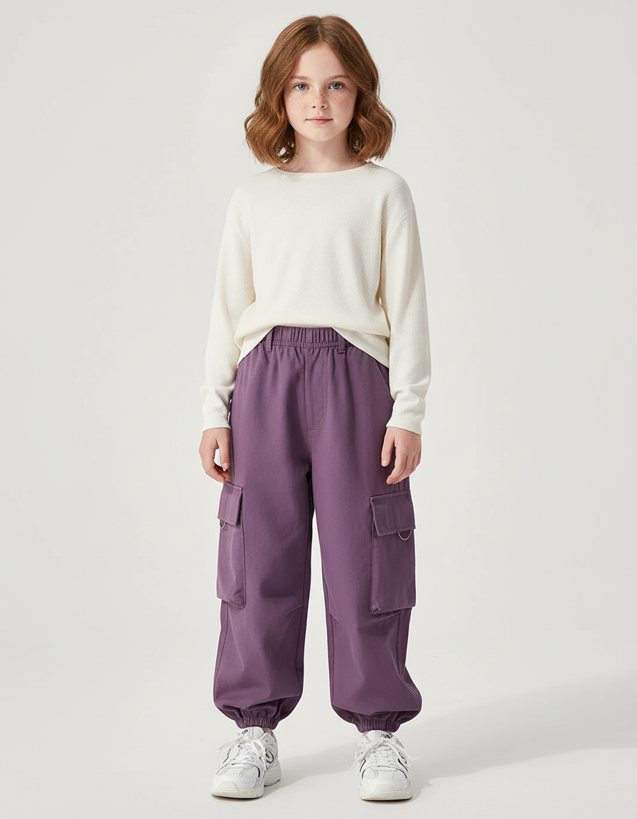 Pantalon Cargo Violet Ample Élastique Fille Coton