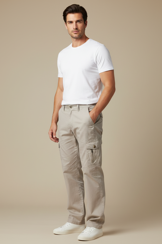 Pantalon Cargo Homme Beige Coton Multipoches Décontracté - Toile