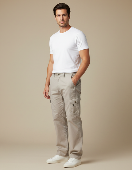 Pantalon Cargo Homme Beige Coton Multipoches Décontracté - Toile