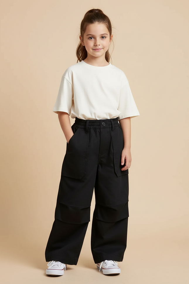 Pantalon Cargo Noir Ample Coton Enfant Poches
