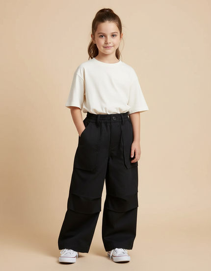 Pantalon Cargo Noir Ample Coton Enfant Poches