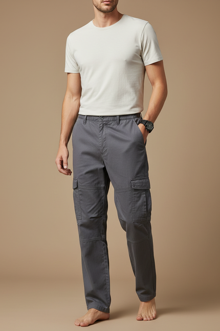 Pantalon Cargo Gris Coton Droit Décontracté Homme - Toile