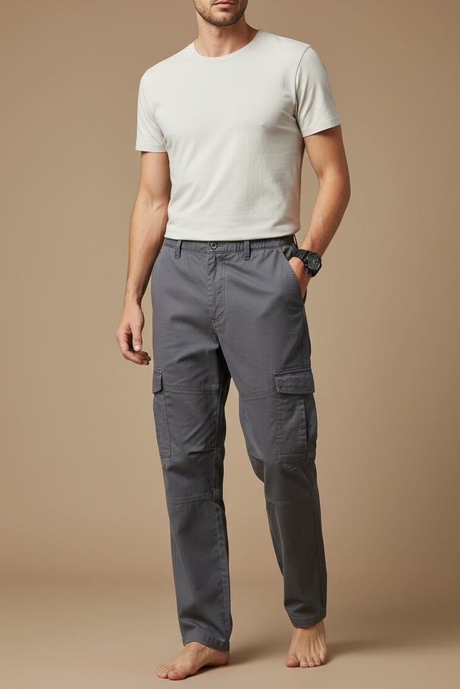 Pantalon Cargo Gris Coton Droit Décontracté Homme - Toile
