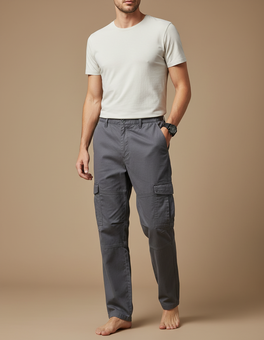Pantalon Cargo Gris Coton Droit Décontracté Homme - Toile