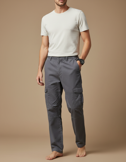 Pantalon Cargo Gris Coton Droit Décontracté Homme - Toile