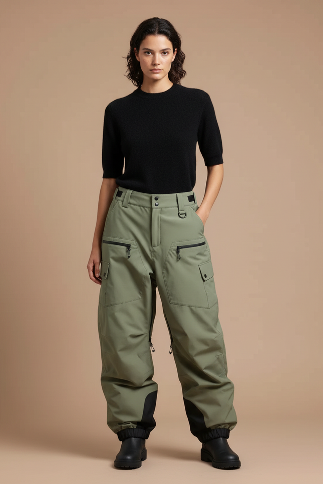 Pantalon Cargo Vert Ample Imperméable Multi-Poches Hiver - Polyester