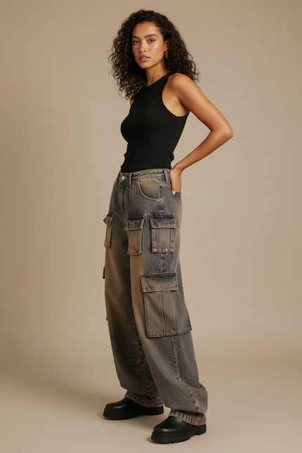 Pantalon Cargo Délavé Ample Multipoches Streetwear Femme - Gris Jean