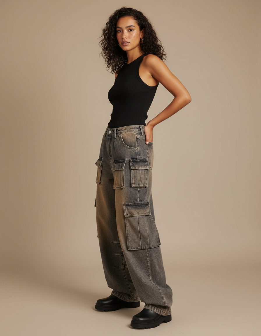 Pantalon Cargo Délavé Ample Multipoches Streetwear Femme - Gris Jean