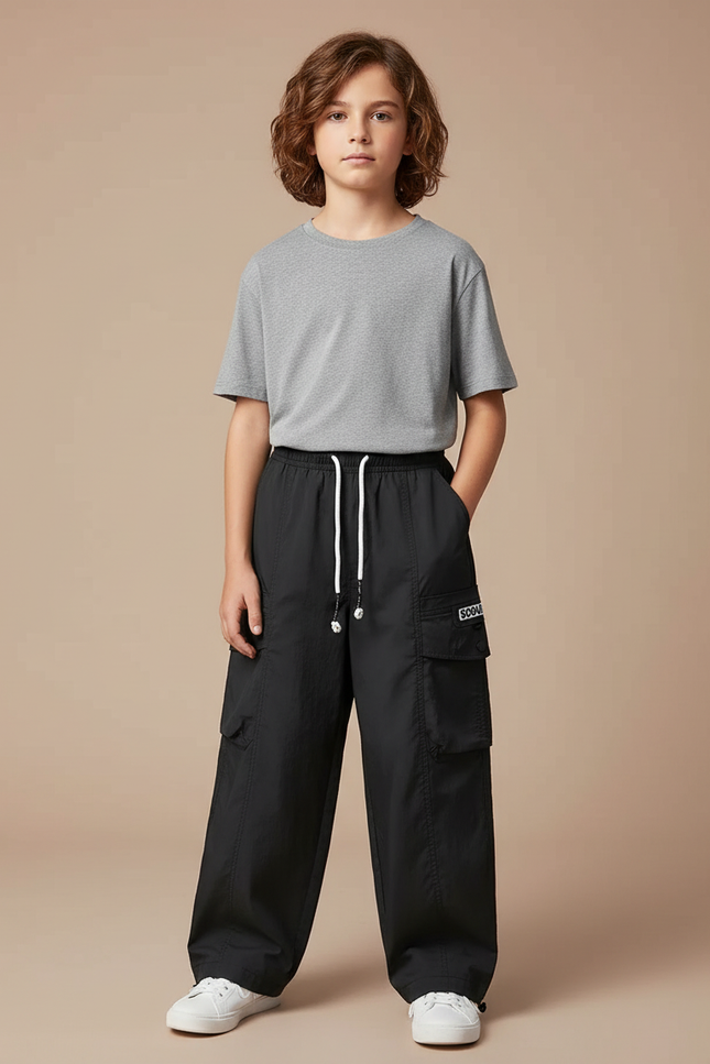 Pantalon Cargo Noir Ample Coton Décontracté Garçon - Polyester