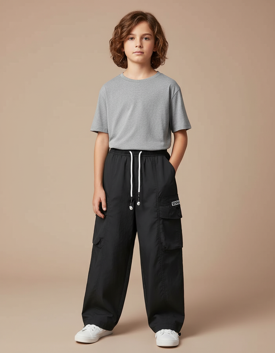 Pantalon Cargo Noir Ample Coton Décontracté Garçon - Polyester