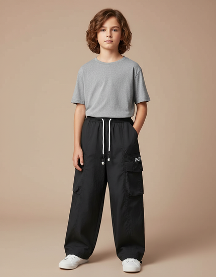 Pantalon Cargo Noir Ample Coton Décontracté Garçon - Polyester