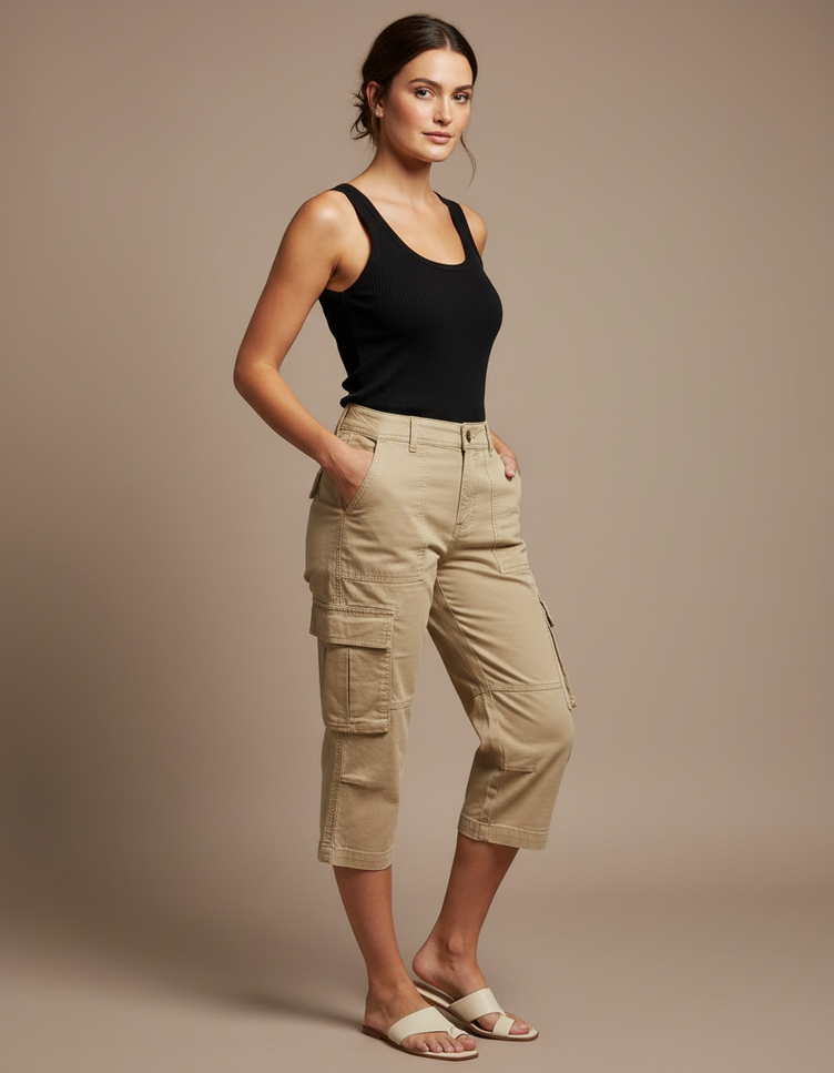 Pantalon Cargo 3/4 Femme - Beige Gabardine