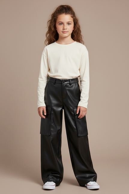 Pantalon Cargo Noir Similicuir Ample Taille Haute - Simili cuir