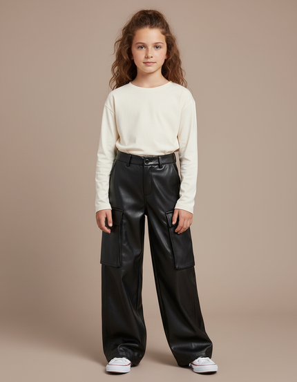 Pantalon Cargo Noir Similicuir Ample Taille Haute - Simili cuir