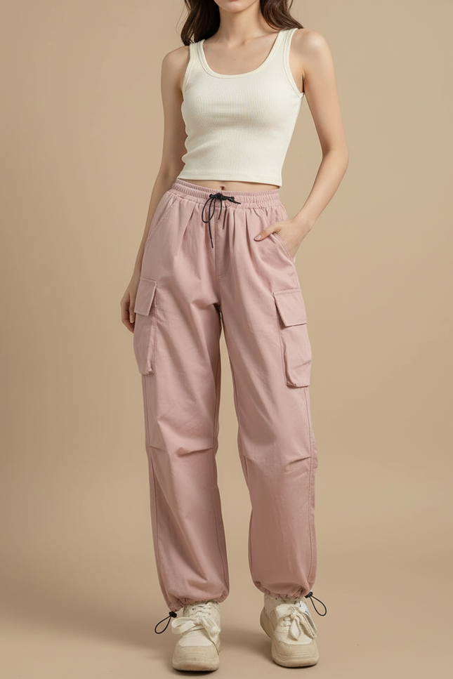 Pantalon Cargo Rose Ample Cordon Streetwear Décontracté - Toile