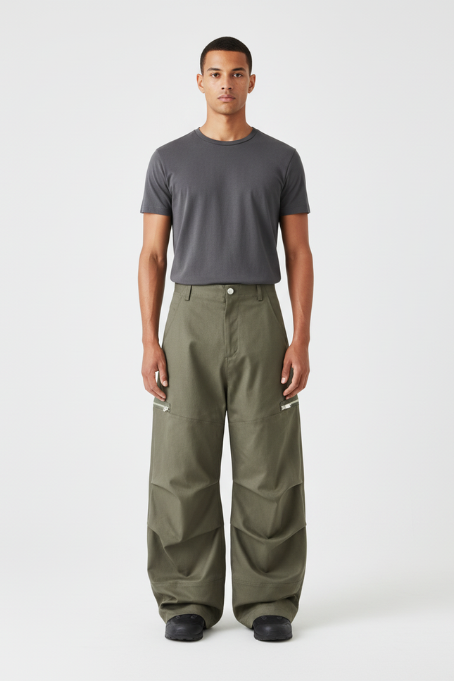 Pantalon Cargo Homme Kaki Ample Zips Plissé - Gabardine