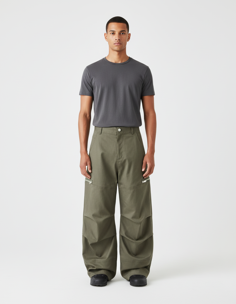 Pantalon Cargo Homme Kaki Ample Zips Plissé - Gabardine