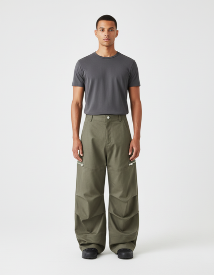Pantalon Cargo Homme Kaki Ample Zips Plissé - Gabardine