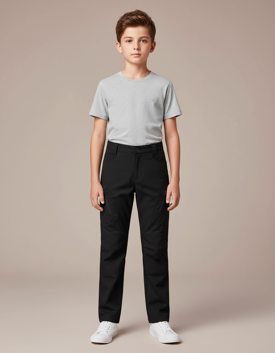 Pantalon Cargo Noir Enfant Multipoches Solide Décontracté - Toile