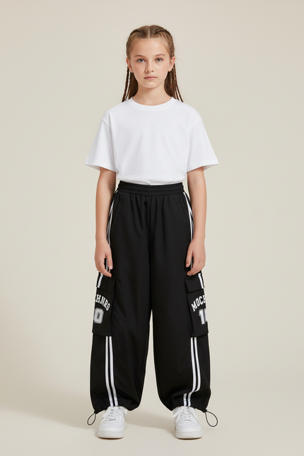Pantalon Cargo Noir Ample Rayures Blanches Streetwear - Polyester