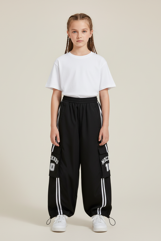 Pantalon Cargo Noir Ample Rayures Blanches Streetwear - Polyester