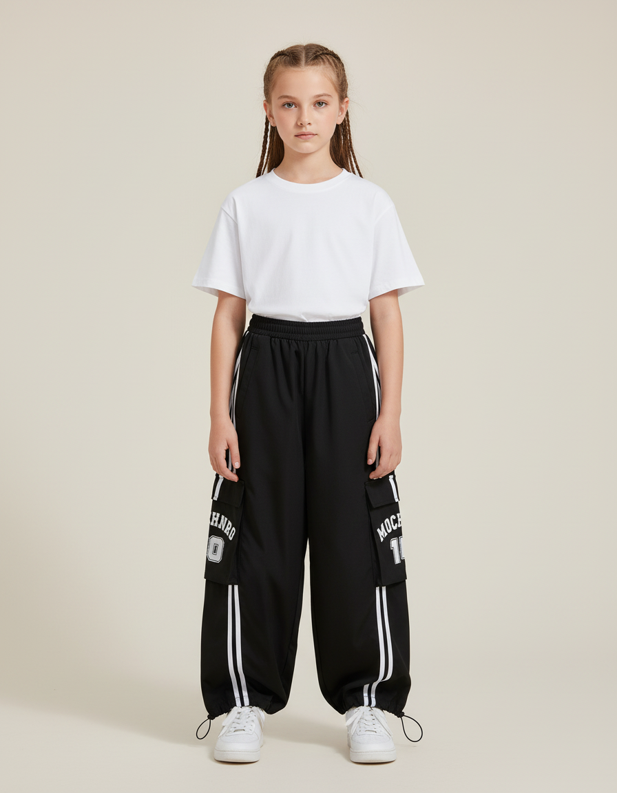 Pantalon Cargo Noir Ample Rayures Blanches Streetwear - Polyester