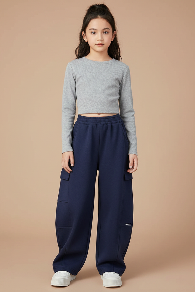 Pantalon Cargo Bleu Marine Ample Molletonné Enfant