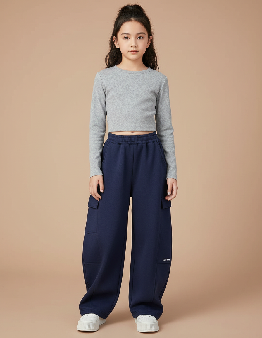 Pantalon Cargo Bleu Marine Ample Molletonné Enfant