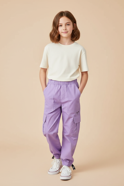 Pantalon Cargo Violet Ample Fille Poches Coton