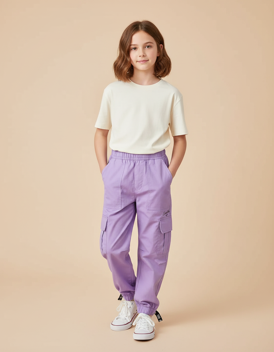 Pantalon Cargo Violet Ample Fille Poches Coton