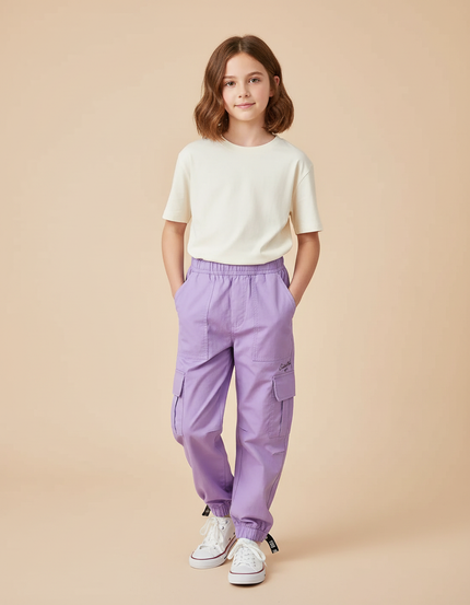 Pantalon Cargo Violet Ample Fille Poches Coton