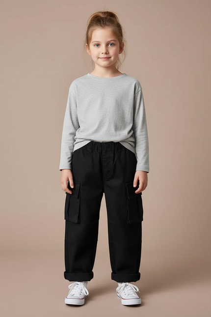 Pantalon Cargo Fille Noir Large - Toile