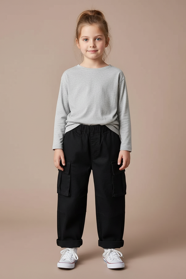 Pantalon Cargo Fille Noir Large - Toile