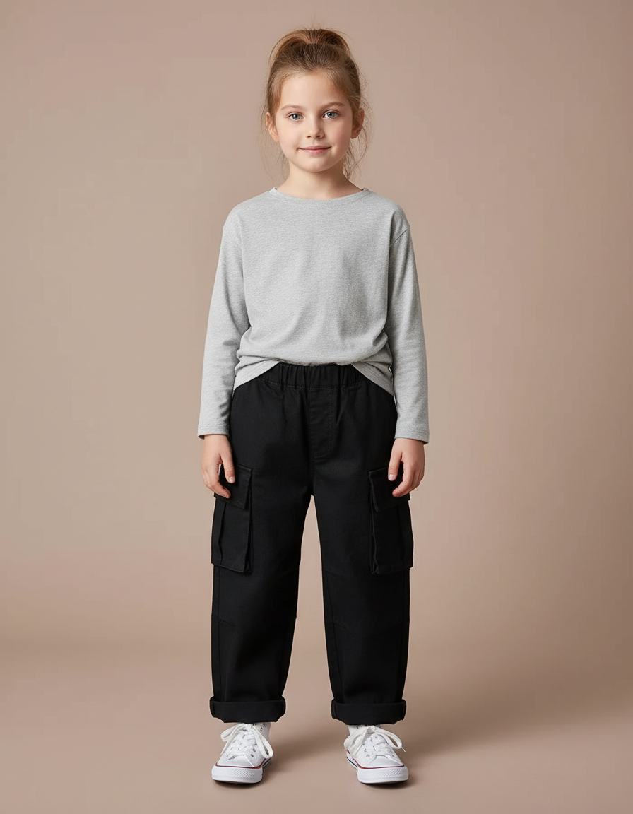 Pantalon Cargo Fille Noir Large - Toile