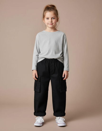 Pantalon Cargo Fille Noir Large - Toile
