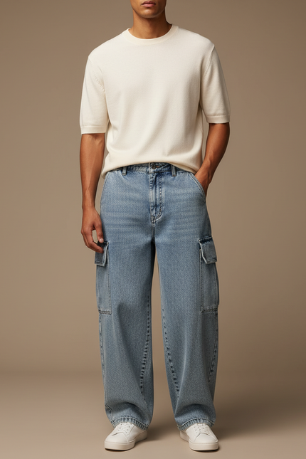 Pantalon Cargo Jean Ample Bleu Multipoches Décontracté