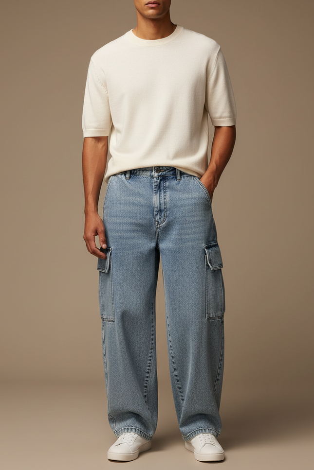 Pantalon Cargo Jean Ample Bleu Multipoches Décontracté