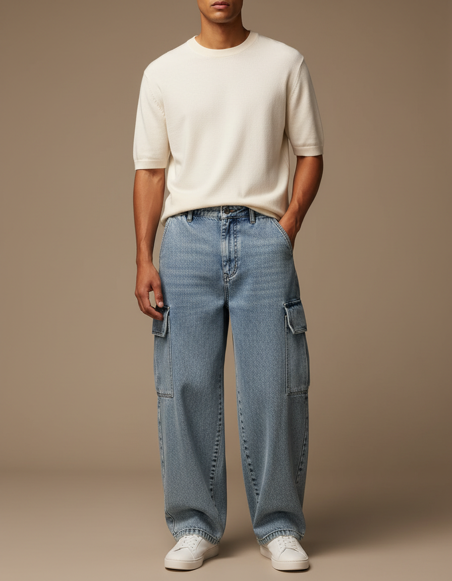 Pantalon Cargo Jean Ample Bleu Multipoches Décontracté