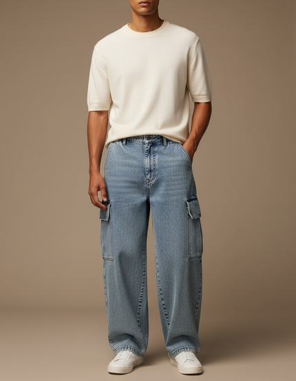 Pantalon Cargo Jean Ample Bleu Multipoches Décontracté