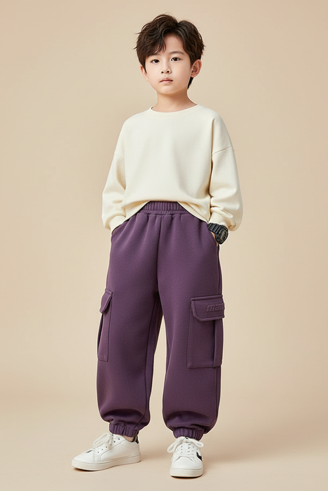 Pantalon Cargo Violet Ample Molleton Poches Enfant