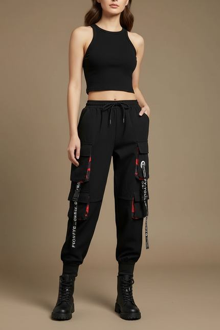 Pantalon Cargo Noir Streetwear Poches Multiples Femme - Molleton