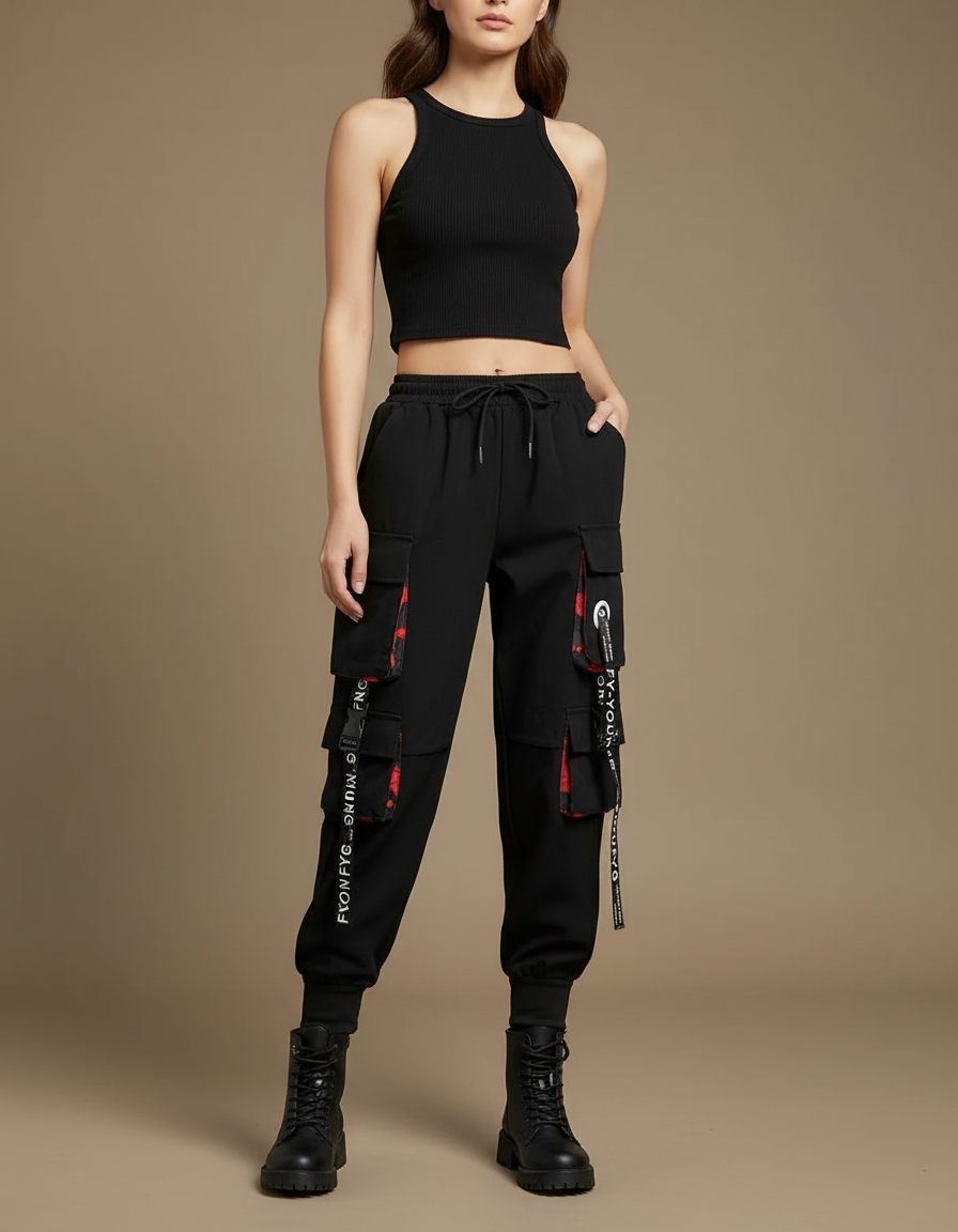 Pantalon Cargo Noir Streetwear Poches Multiples Femme - Molleton