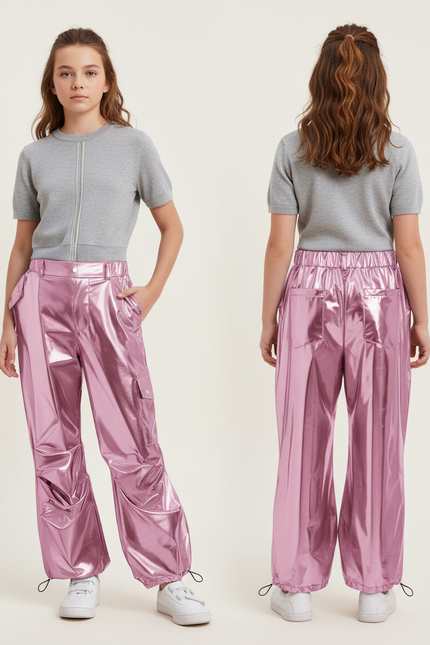 Pantalon Cargo Métallisé Rose Ample Brillant Fille - Polyester