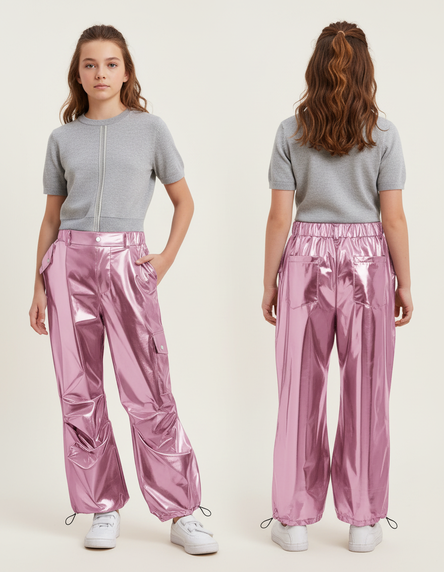 Pantalon Cargo Métallisé Rose Ample Brillant Fille - Polyester