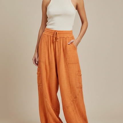 Pantalon Cargo Orange Ample Coton Plissé Décontracté