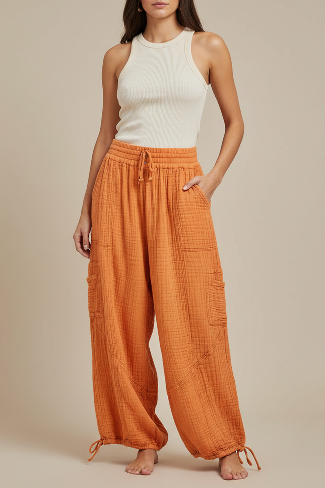 Pantalon Cargo Orange Ample Coton Plissé Décontracté