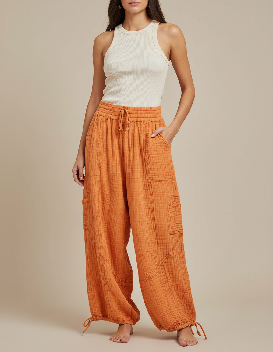 Pantalon Cargo Orange Ample Coton Plissé Décontracté