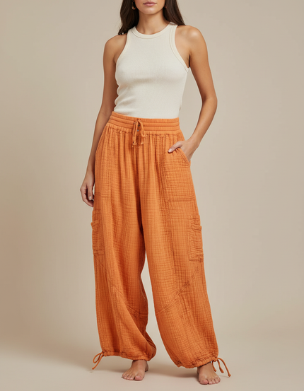 Pantalon Cargo Orange Ample Coton Plissé Décontracté
